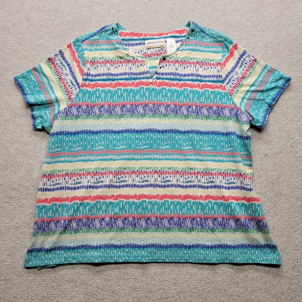 Alfred Dunner Womens 2X Multicolor Studded V-Neck Short Sleeve Stretch Top